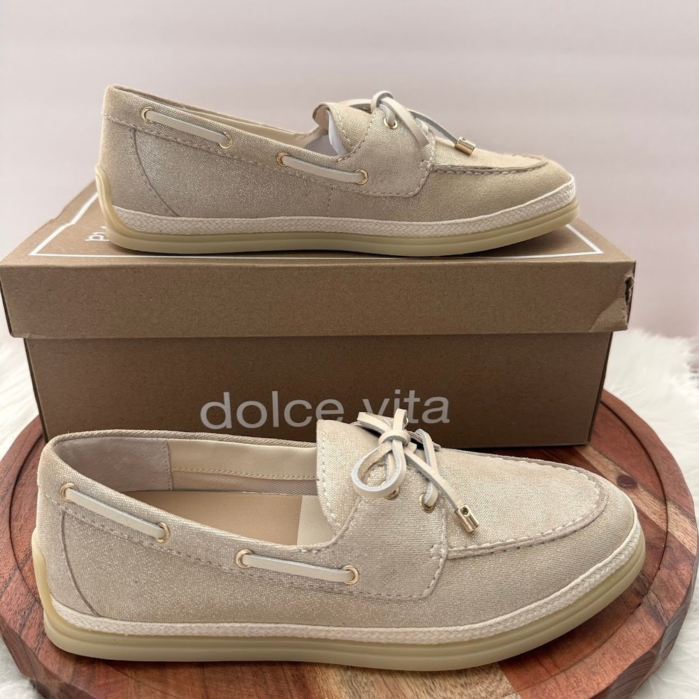 Dolce Vita Doris Boat Shoes Taupe Metallic Woven Loafers‎ Womens Size 8 NEW